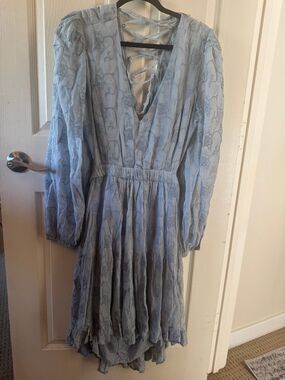 GUESS Lace-Up Back Deep-V Embroidered Festival Dress Light Blue Size Large NWT